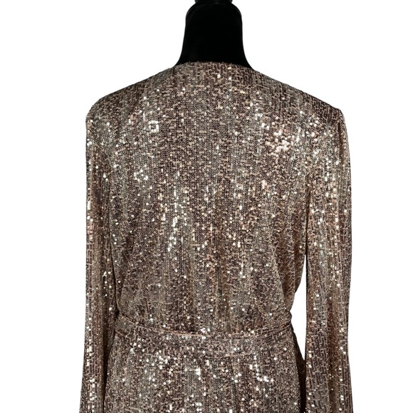 Venus Beige Sequin Cocktail Dress Faux Wrap Tan Metallic V-Neck Balloon Sleeves - Picture 12 of 17